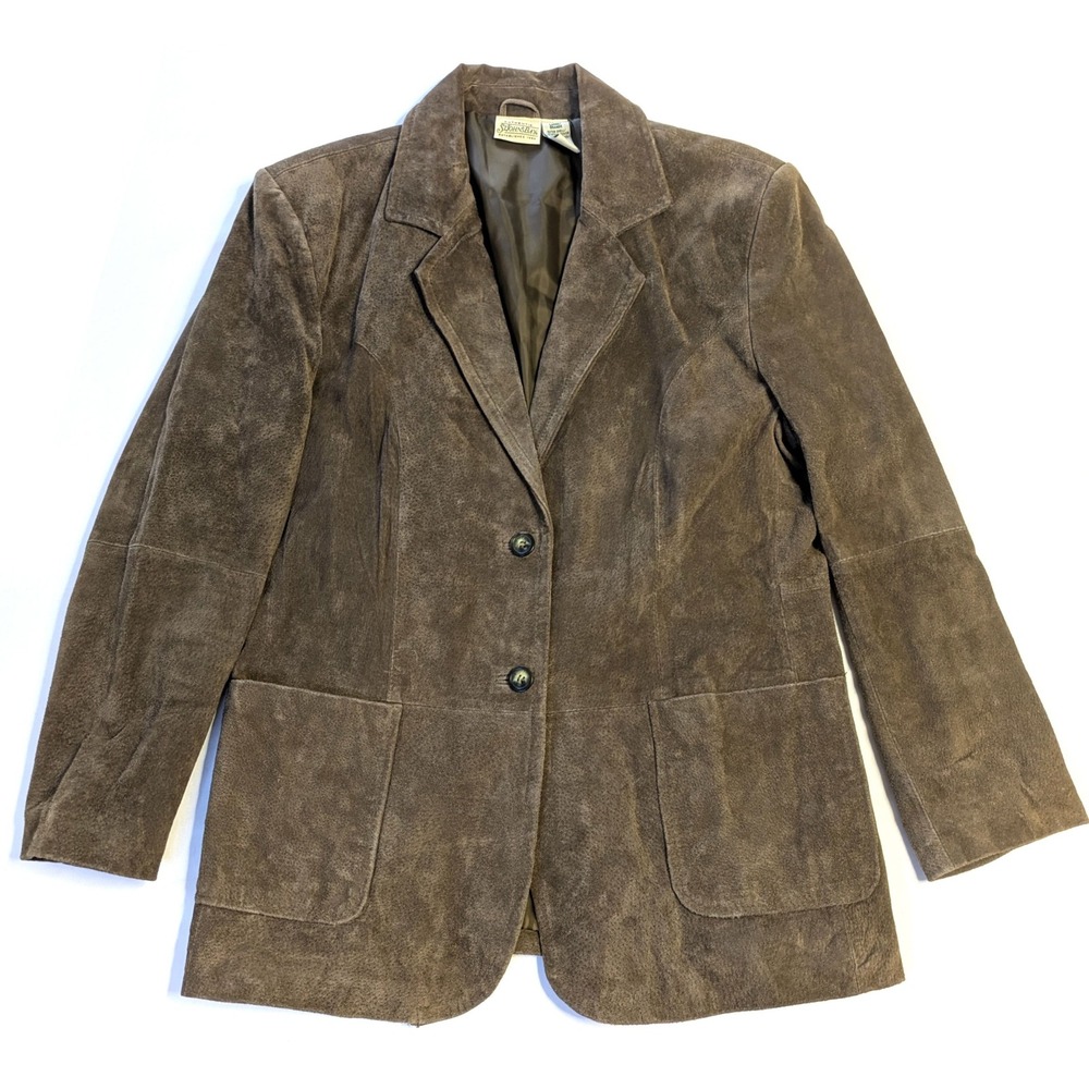 St Johns Bay Brown Genuine Leather Suede Blazer Jacket Womens Large 2-Button